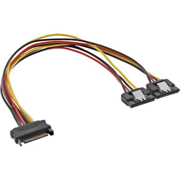 InLine® SATA Strom-Y-Kabel, SATA Buchse an 2x SATA Stecker mit Sicherheitslasche, 0,3m