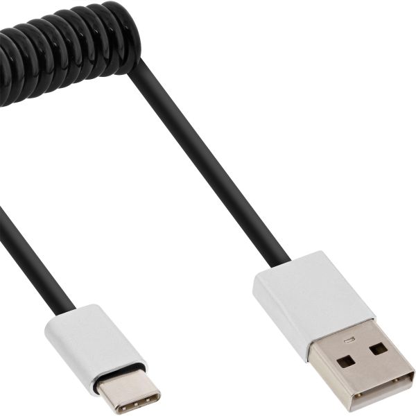 InLine® USB 2.0 Spiralkabel, Typ C Stecker an A Stecker, schwarz/Alu, flexibel, 2m