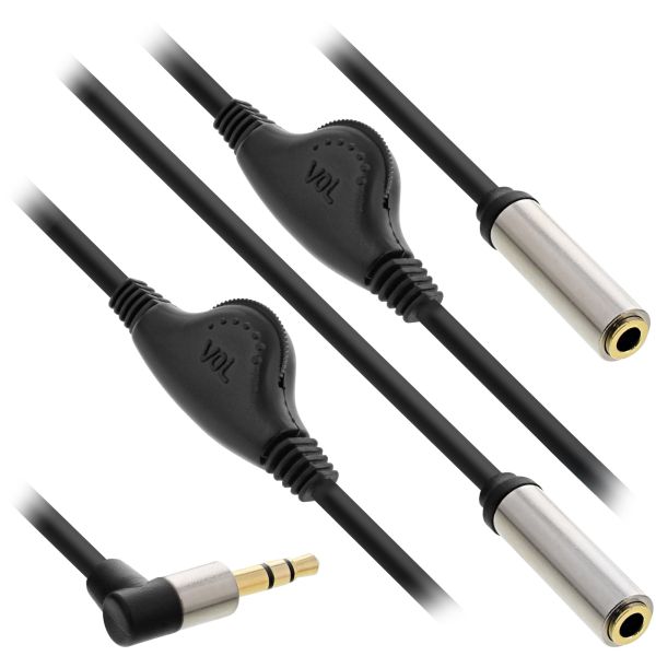 InLine® Slim Audio Y-Kabel Klinke 3,5mm Stecker gewinkelt an 2x Klinke Buchse, mit Lautstärkeregler,