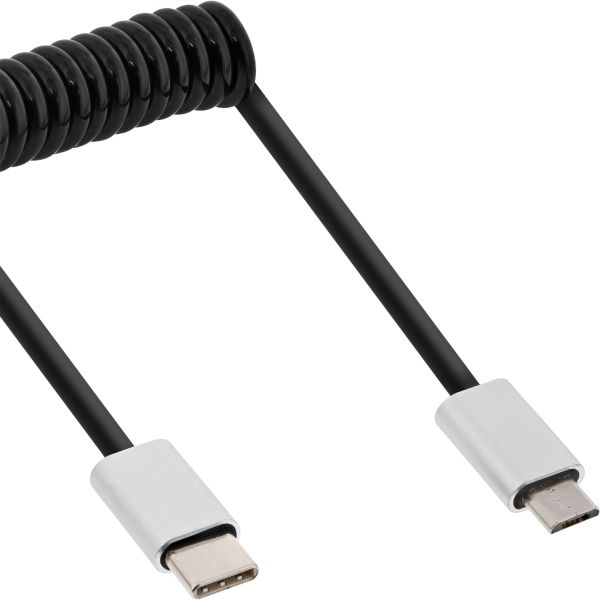 InLine® USB 2.0 Spiralkabel, Typ C Stecker an Micro-B Stecker, schwarz/Alu, flexibel, 0,5m