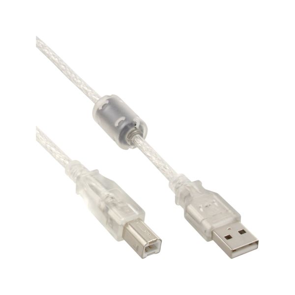 InLine® USB 2.0 Kabel, A an B, transparent, mit Ferritkern, 5m