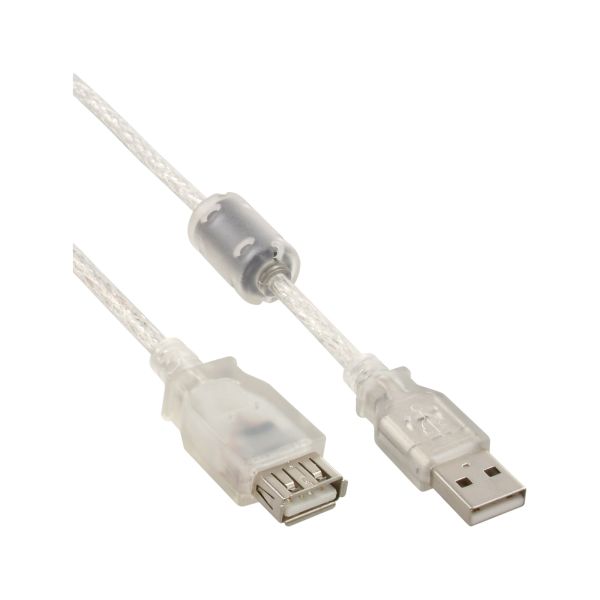 InLine® USB 2.0 Verlängerung, Stecker / Buchse, Typ A, transparent, mit Ferritkern, 1,8m