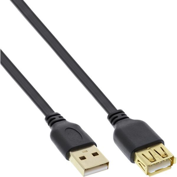 InLine® USB 2.0 Flachkabel Verlängerung, A Stecker / Buchse, schwarz, Kontakte gold, 2m