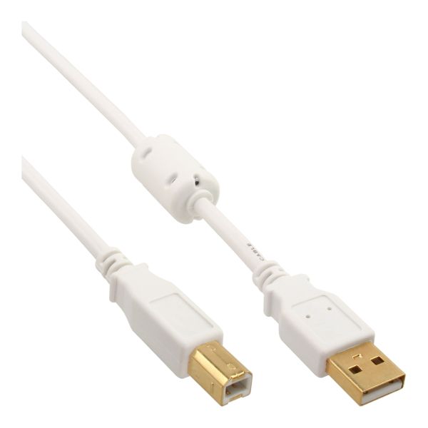 InLine® USB 2.0 Kabel, A an B, weiß / gold, mit Ferritkern, 2m