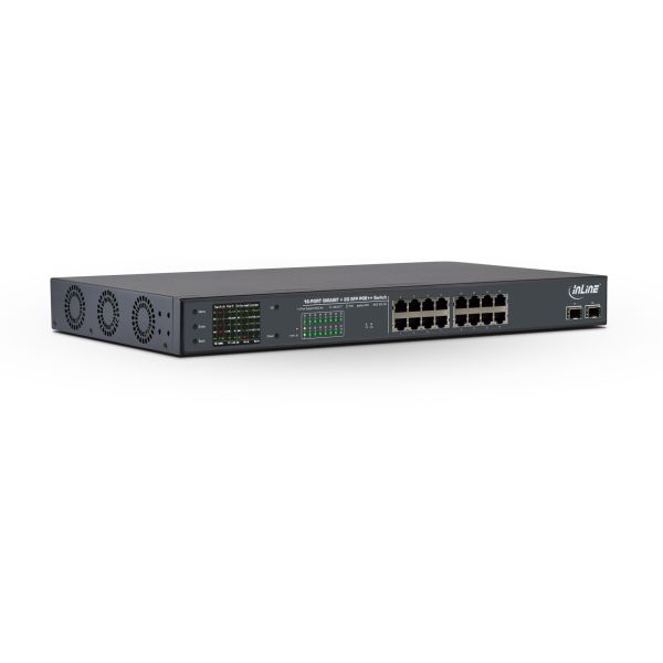 InLine® PoE++ Gigabit Netzwerk Switch 16 Port, 1GBit/s, 2xSFP, 19", Metall, Lüftersteuerung, mit Dis
