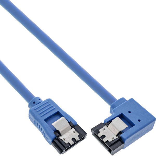 InLine® SATA 6Gb/s Anschlusskabel rund, abgewinkelt rechts, blau, mit Lasche, 0,3m